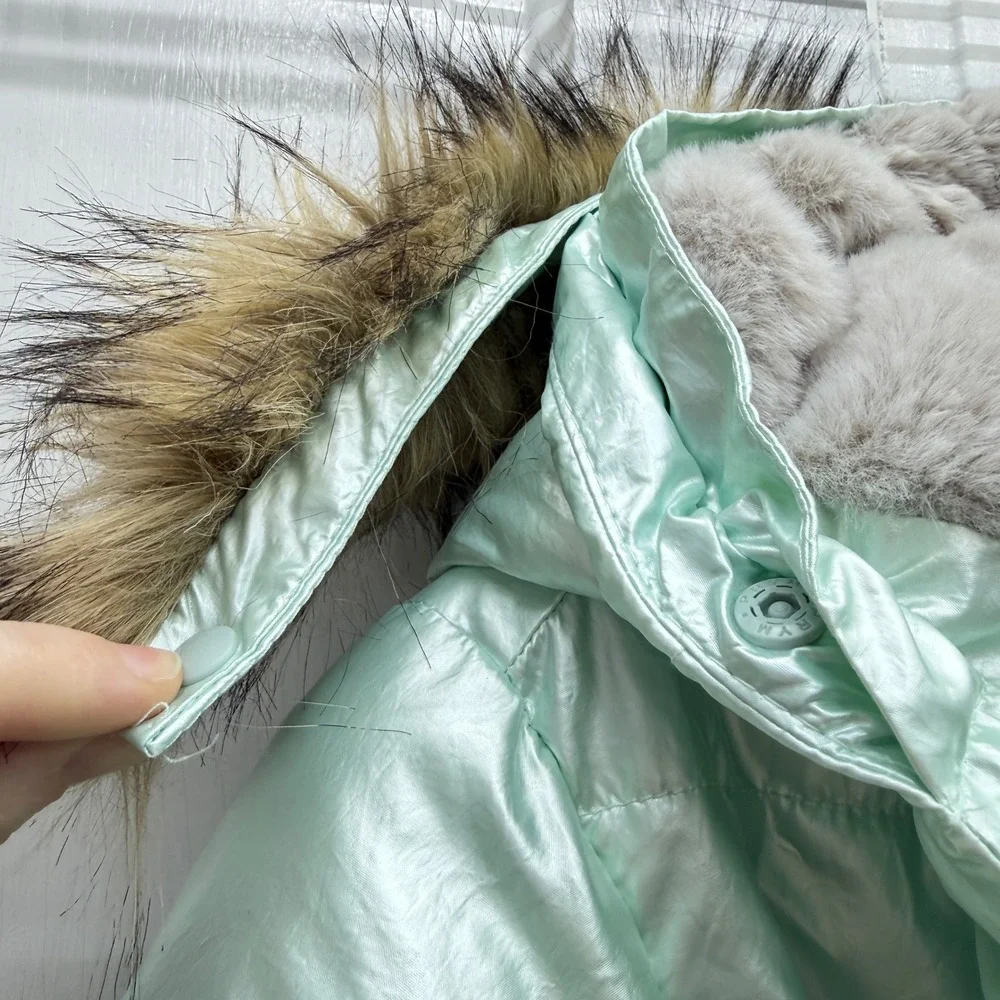 Lands End Girls XL 14 16 Primaloft Iridescent Fur Lined Winter Coat Puffer Green